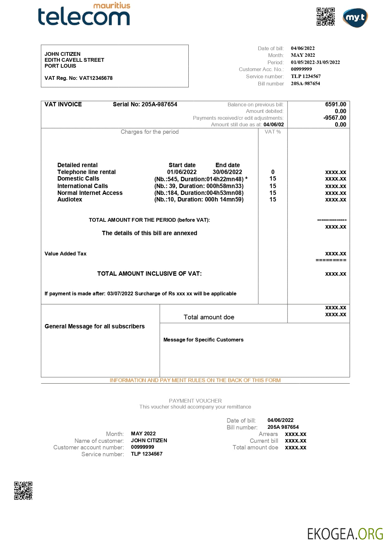 Mauritius Telecom Mauritius utility bill template in Word and PDF format